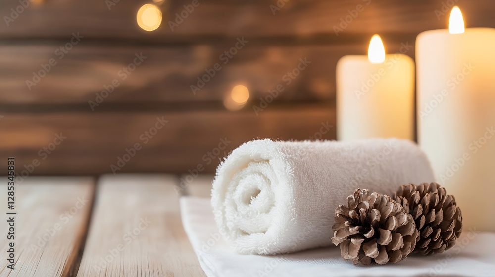 Poster Spa Setup with Rolled Towel Candles and Pinecones Creating a Relaxing Atmosphere : Generative AI