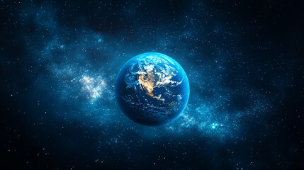Fototapeta premium mesmerizing blue glow encircles planet Earth during an eclipse, set against the vast, starry dark space. The planet orbits a celestial body, creating a stunning cosmos display with bright, modern ligh
