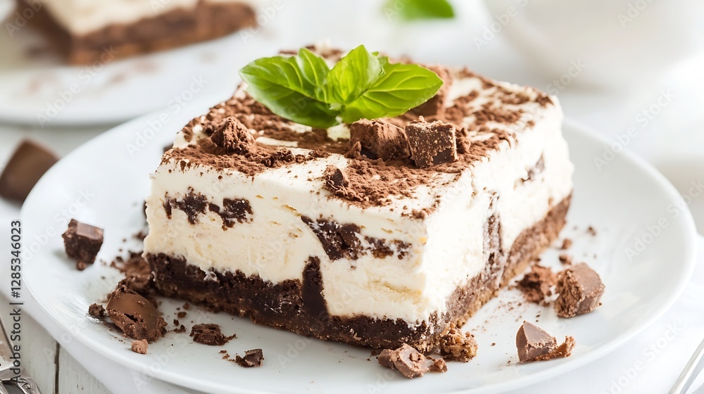 Poster delicious chocolate dessert layer cake garnished with mint leaves and cocoa : generative ai