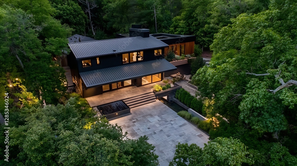 Poster modern black house surrounded by lush green trees in a peaceful setting : generative ai