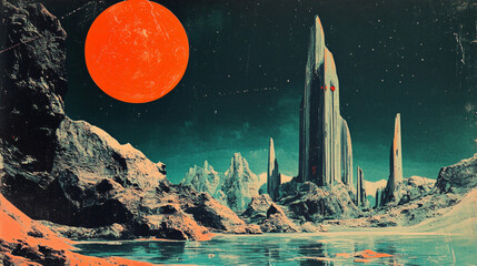 Retro sci-fi poster 1950s alien landscape futuristic world mysterious space exploration extraterrestrial civilization classic pulp fiction aesthetic vibrant colors,ai,robot,time,travel,comic,dreamy