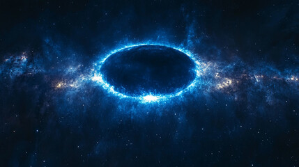 Obraz premium mesmerizing blue glow encircles planet Earth during an eclipse, set against the vast, starry dark space. The planet orbits a celestial body, creating a stunning cosmos display with bright, modern ligh