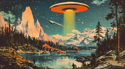 Retro sci-fi poster 1950s alien landscape futuristic world mysterious space exploration extraterrestrial civilization classic pulp fiction aesthetic vibrant colors,ai,robot,time,travel,comic,dreamy