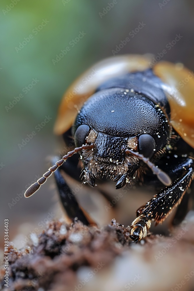 Poster Close Up of a Detailed Beetle with Shiny Horns Set Against a Blurred Background : Generative AI