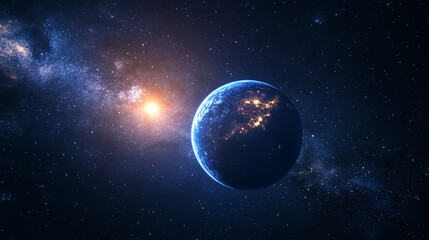 Obraz premium mesmerizing blue glow encircles planet Earth during an eclipse, set against the vast, starry dark space. The planet orbits a celestial body, creating a stunning cosmos display with bright, modern ligh
