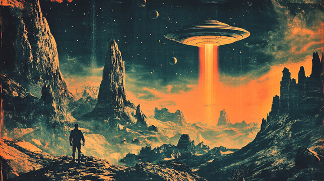 Retro sci-fi poster 1950s alien landscape futuristic world mysterious space exploration extraterrestrial civilization classic pulp fiction aesthetic vibrant colors,ai,robot,time,travel,comic,dreamy