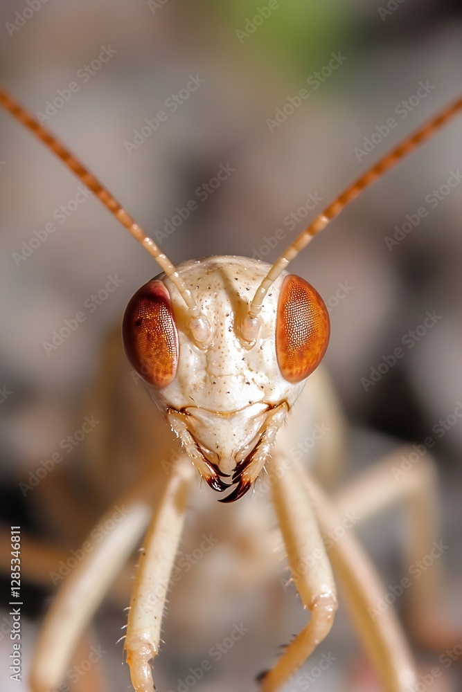 Poster close up of a pale ant with striking orange eyes showcasing intricate details of its face and antenn