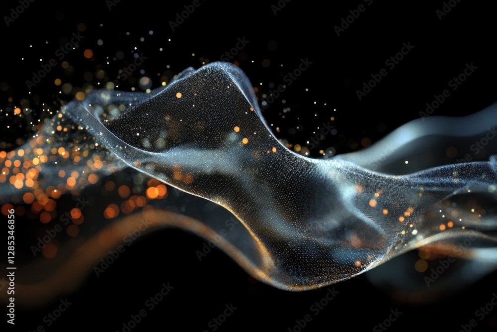 Poster dynamic data processing with vibrant particles on a dark background highlighting technology and inno