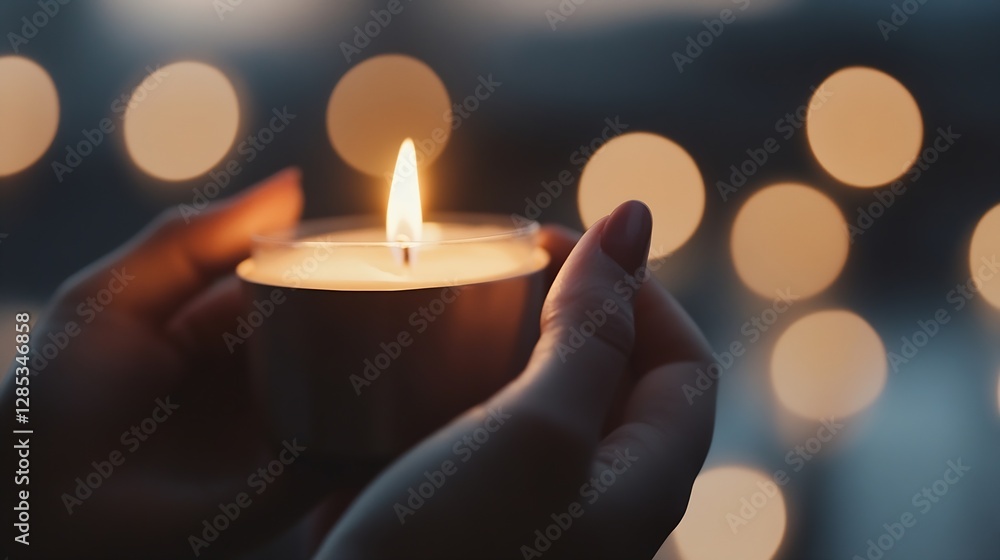 Leinwandbilder calming ambiance of a lit candle held gently by a person creating a serene atmosphere with blurred b
