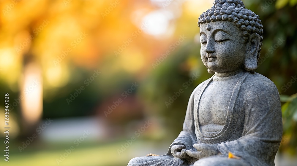 Poster serene buddha statue surrounded by autumn colors captured in a tranquil garden setting : generative 