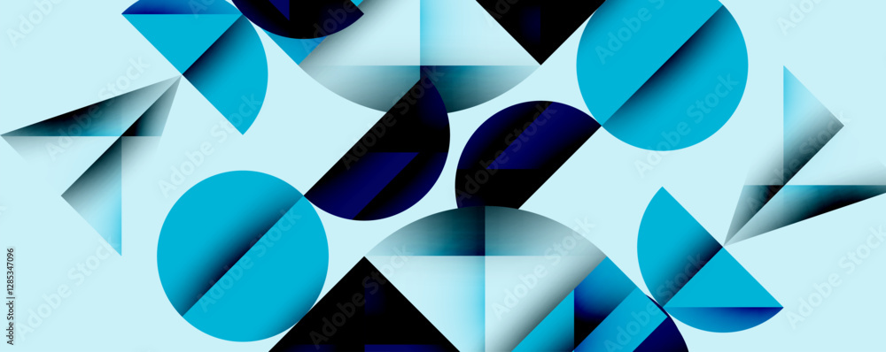 Poster Abstract geometric background with layered gradient shapes forming dynamic patterns. Overlapping semi circles and triangles create depth and contrast