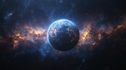 Obraz premium mesmerizing blue glow encircles planet Earth during an eclipse, set against the vast, starry dark space. The planet orbits a celestial body, creating a stunning cosmos display with bright, modern ligh