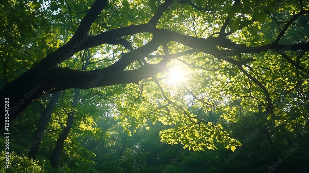 Poster sunlight streaming through lush green tree canopy in serene forest landscape : generative ai
