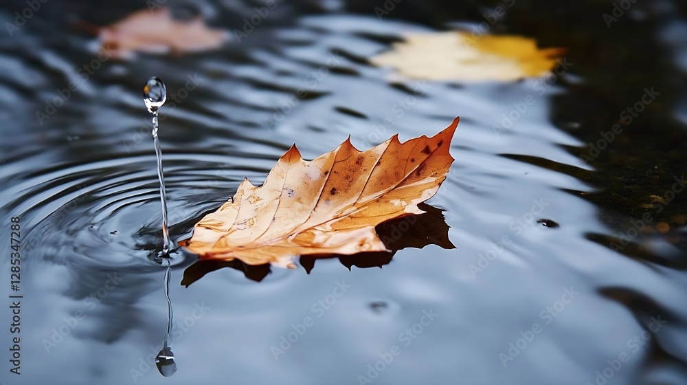 Poster Close Up of Raindrop Splashing on Autumn Leaf in Calm Water Surface : Generative AI
