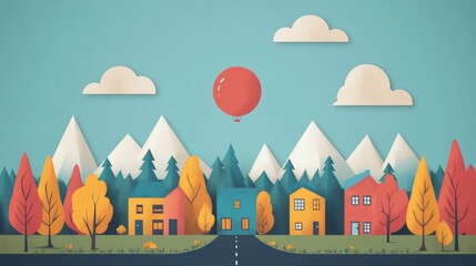 Obraz premium Colorful Flat Design Landscape with Houses, Trees, and Balloon