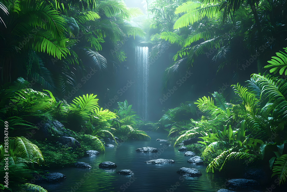 Poster lush green jungle scene with a flowing river in pixelated style with dense foliage and trees in trop