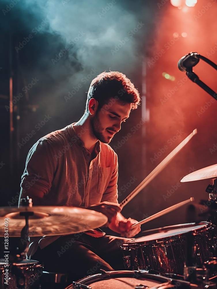 Poster dynamic young drummer captivated by the rhythm under colorful stage lights : generative ai