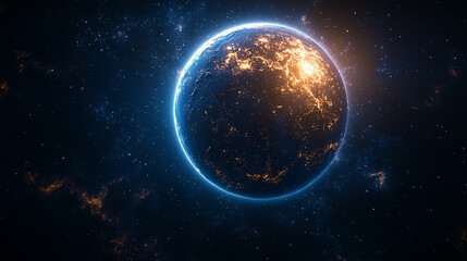 Obraz premium mesmerizing blue glow encircles planet Earth during an eclipse, set against the vast, starry dark space. The planet orbits a celestial body, creating a stunning cosmos display with bright, modern ligh