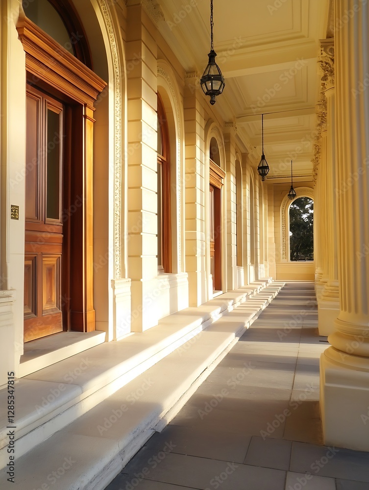 Poster elegant architecture of vintage building entrance with classic columns and warm window light : gener