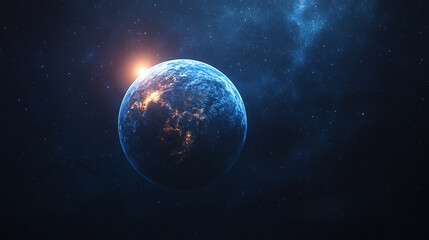 Fototapeta premium mesmerizing blue glow encircles planet Earth during an eclipse, set against the vast, starry dark space. The planet orbits a celestial body, creating a stunning cosmos display with bright, modern ligh