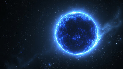 Fototapeta premium mesmerizing blue glow encircles planet Earth during an eclipse, set against the vast, starry dark space. The planet orbits a celestial body, creating a stunning cosmos display with bright, modern ligh