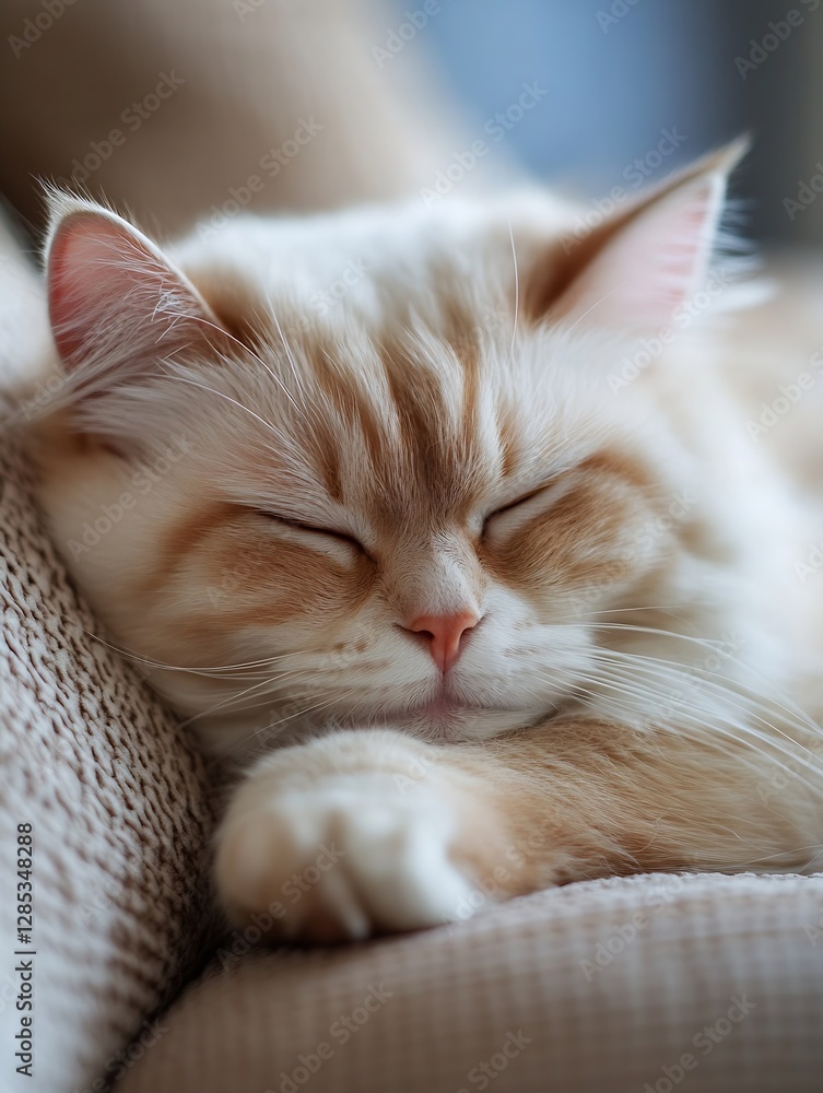 Poster fluffy cream colored cat resting peacefully on a couch with eyes closed in soft light : generative a