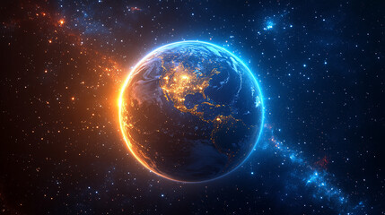 Fototapeta premium mesmerizing blue glow encircles planet Earth during an eclipse, set against the vast, starry dark space. The planet orbits a celestial body, creating a stunning cosmos display with bright, modern ligh