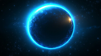 Fototapeta premium mesmerizing blue glow encircles planet Earth during an eclipse, set against the vast, starry dark space. The planet orbits a celestial body, creating a stunning cosmos display with bright, modern ligh