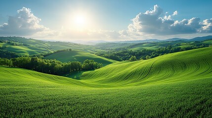 Fototapeta premium A picturesque countryside landscape with rolling hills, green fields, and a bright blue sky