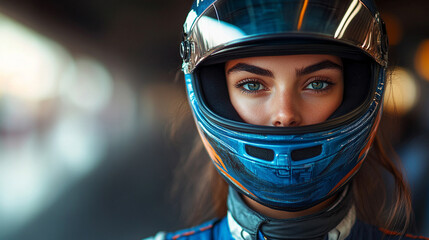 A confident female racer in a sleek, form-fitting uniform stands tall, exuding professionalism and elegance. The blurred modern background enhances her grace and determination