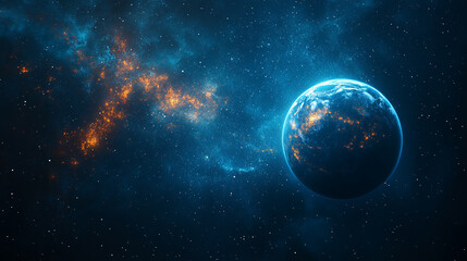 Obraz premium mesmerizing blue glow encircles planet Earth during an eclipse, set against the vast, starry dark space. The planet orbits a celestial body, creating a stunning cosmos display with bright, modern ligh