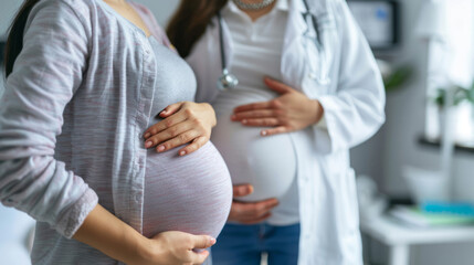 A pregnant woman stands near her doctor, with a focus on her belly in a clinical background.