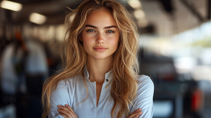 A confident female racer in a sleek, form-fitting uniform stands tall, exuding professionalism and elegance. The blurred modern background enhances her grace and determination
