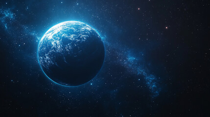 Obraz premium mesmerizing blue glow encircles planet Earth during an eclipse, set against the vast, starry dark space. The planet orbits a celestial body, creating a stunning cosmos display with bright, modern ligh