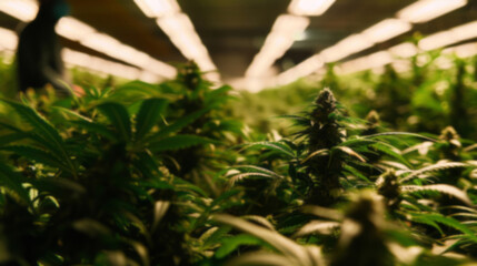 Naklejka premium An industrial cannabis grower tending to plants under indoor lighting, surrounded by rows of lush marijuana plants.