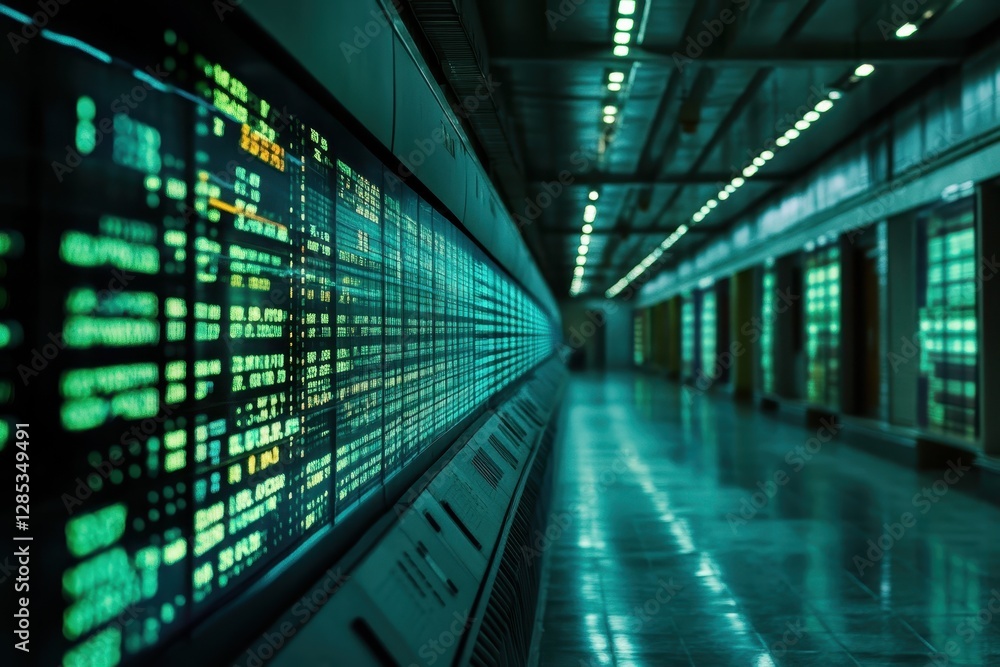 Poster stock market data processing environment with digital displays and illuminated data streams, stock m