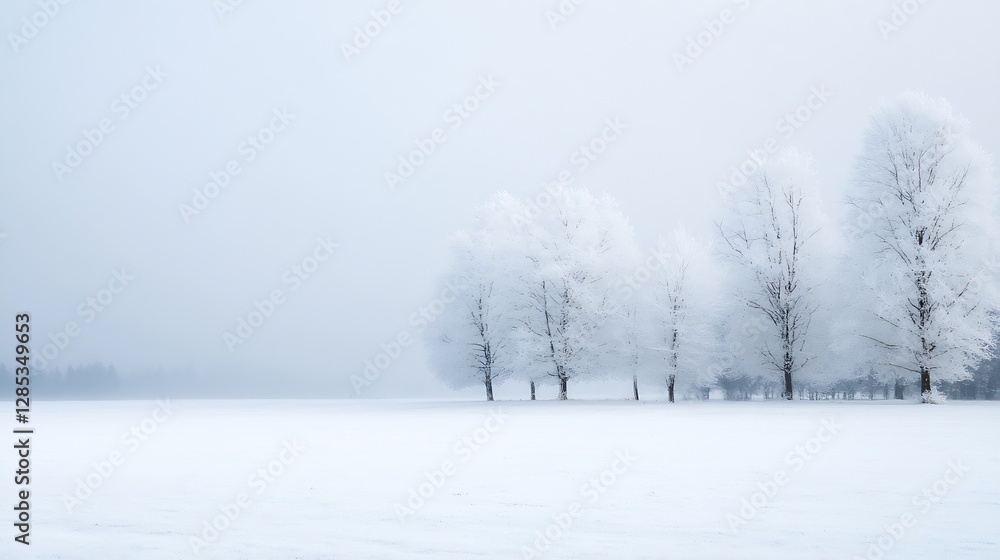 Poster serene winter landscape with frost covered trees in a snowy field : generative ai
