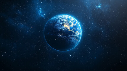 mesmerizing blue glow encircles planet Earth during an eclipse, set against the vast, starry dark space. The planet orbits a celestial body, creating a stunning cosmos display with bright, modern ligh