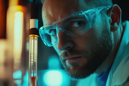 Researcher examines liquid in laboratory setting under artificial lighting, researcher is looking at the liquid in the laboratory tube