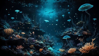Enchanting Bioluminescent Underwater Scene with Jellyfish and Coral Reef