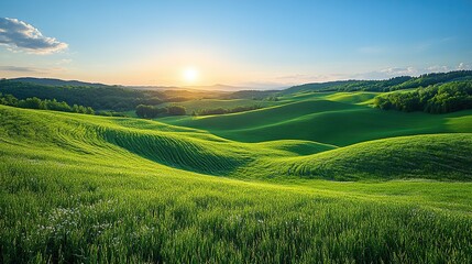 A picturesque landscape of rolling green hills stretches beneath a clear blue sky, creating a serene and idyllic scene