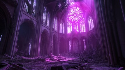 Ethereal Light Filters Through Ruined Cathedral Amidst Surreal Purple Atmosphere