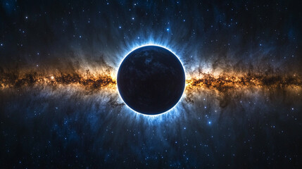 Obraz premium mesmerizing blue glow encircles planet Earth during an eclipse, set against the vast, starry dark space. The planet orbits a celestial body, creating a stunning cosmos display with bright, modern ligh