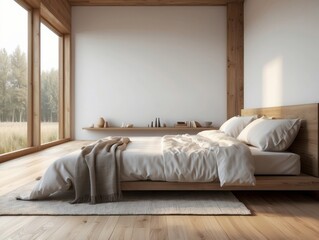 Fototapeta premium A minimalistic bedroom with natural light and wooden accents