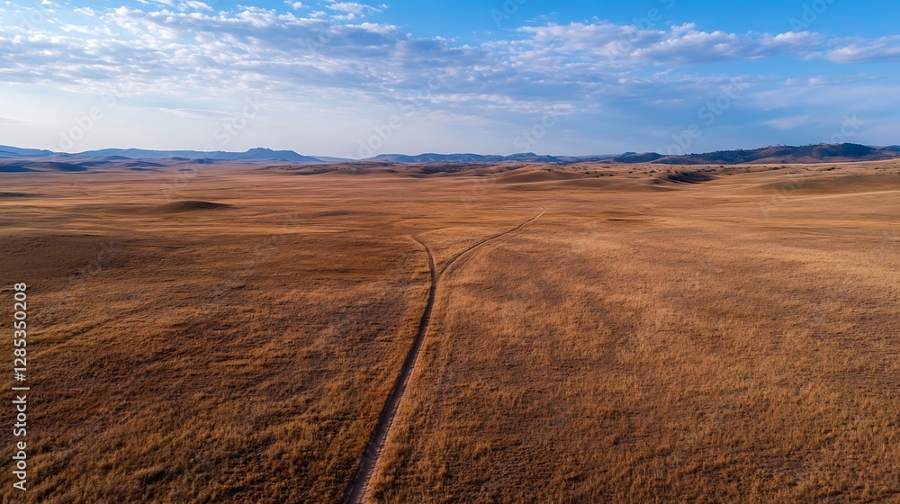 Poster vast open grassland trail under bright blue sky with few clouds : generative ai