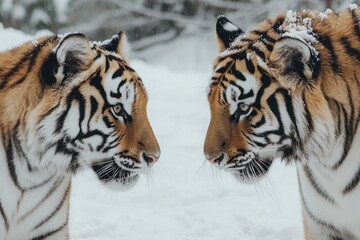 Obraz premium Siberian tiger family in winter with snow covering their fur and an intense gaze towards each other, Siberian tiger family