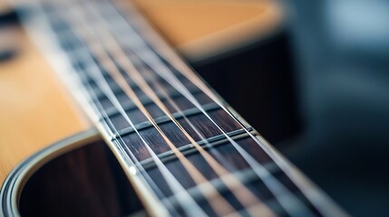 Obraz premium Close Up of Acoustic Guitar Strings and Neck with Natural Wood Grain : Generative AI