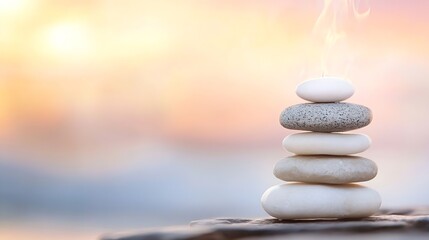 Obraz premium Zen Stones Stacked with Smoke in Soft Sunset Background : Generative AI
