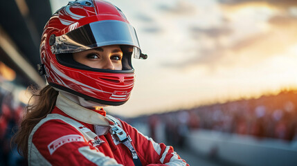 A confident female racer in a sleek, form-fitting uniform stands tall, exuding professionalism and elegance. The blurred modern background enhances her grace and determination