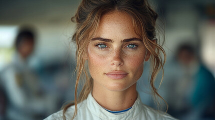 A confident female racer in a sleek, form-fitting uniform stands tall, exuding professionalism and elegance. The blurred modern background enhances her grace and determination
